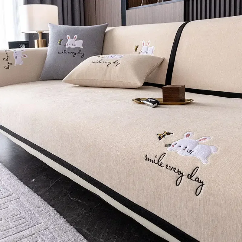 Embroidered Rabbits Sofa Cover Black Edge Comfortable Universal Chenille Sofa Cushion Living Room Solid Color Non Slip Cloth