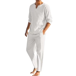 Conjunto de ropa de playa informal para hombre, camiseta de manga larga con cuello en V y pantalones, mezcla de lino y algodรณn, verano, 2 piezas
