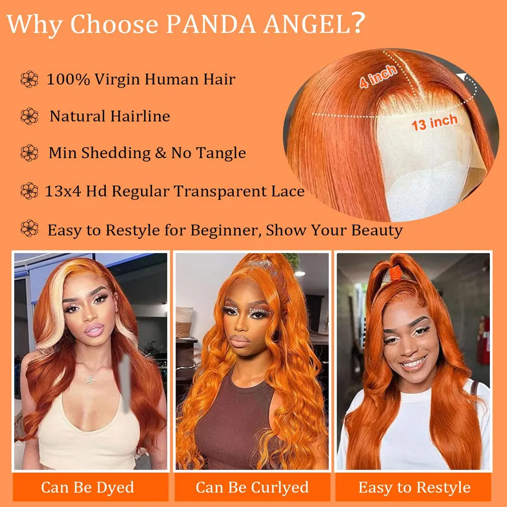 250% Densidade 350 #   Gengibre laranja 13x4 hd frente do laço em linha reta perucas de cabelo humano 200% hd renda transparente pré arrancado com cabelo do bebê