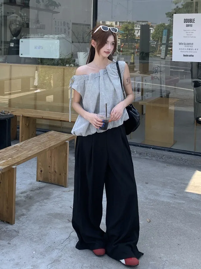 Gilet da donna scozzese retrò irregolare Dstring Svel Estate Nuovo design Trendy Top Vestibilità comoda Casual irt