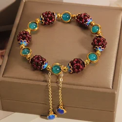 3mm Natural Garnet Flower Ball Crystal Bracelets Fashion Women Woven Transfer Cloisonnรฉ Tassel Bangles Party Jewelry