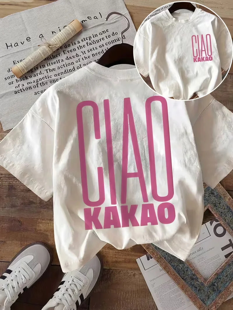 Bold Pink Ciao Kakao Letter Women T-Shirt Crewneck Cotton Tee Small Chest Logo Back Font for Daily Street Outfit