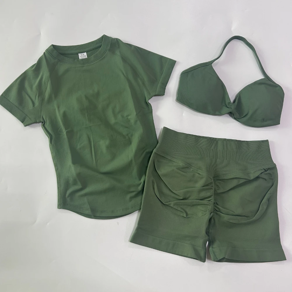 3-teiliges Workout-Set für Damen: Sport-BH mit Trägern + Sport-Top mit langen Ärmeln + Yoga-Shorts, Sportanzug, Yoga-Kleidung, Fitness-Outfit – Detail 11