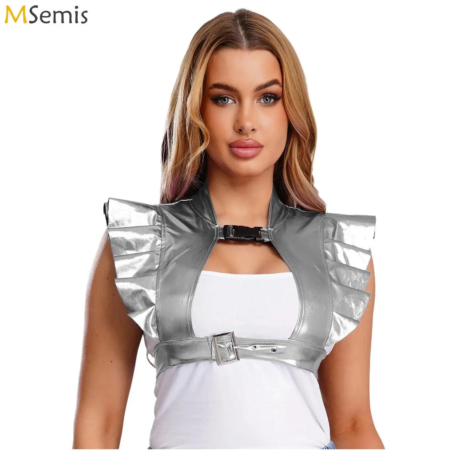 เสื้อครอปท็อปผู้หญิงสีเมทัลลิกเหลือบรุ้ง สำหรับงานปาร์ตี้ แต่งกายแนวเรฟ  พร้อมแผ่นป้องกันไหล่ แต่งระบาย  ด้านหน้าเว้า  สายรัดปรับได้ด้านล่าง