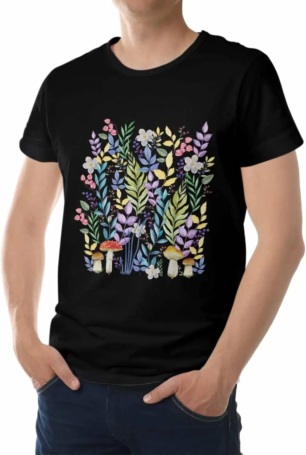 Men's T-Shirt, Novelty Graphic T-Shirt Blue Purple Leaves Flowers Mushroom Cotton Crew Neck Men's Short