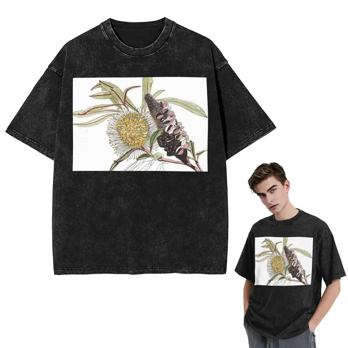 Streetwear T-Shirts Banksia Flower Pod Australian Flora Yellow Washed T Shirt Short Sleeve Hip Hop T-Shirt Tops Tees