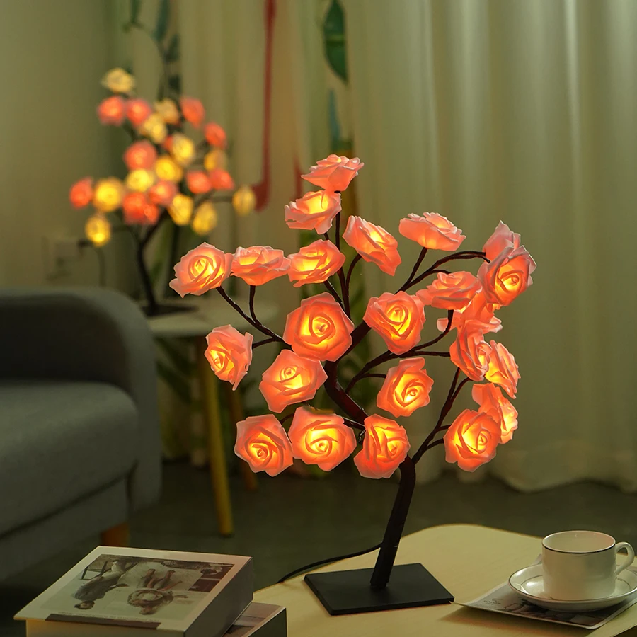 LED simulation rose tree light, detachable plastic base, USB switch, decorative night light