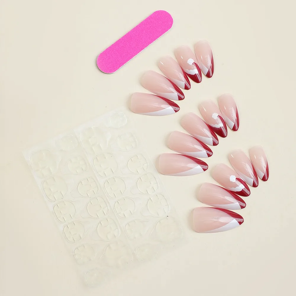 Fashion Christmas French Fake Nails Wearable Manicure Full Cover Press on Nails Almond Nail Tips Women