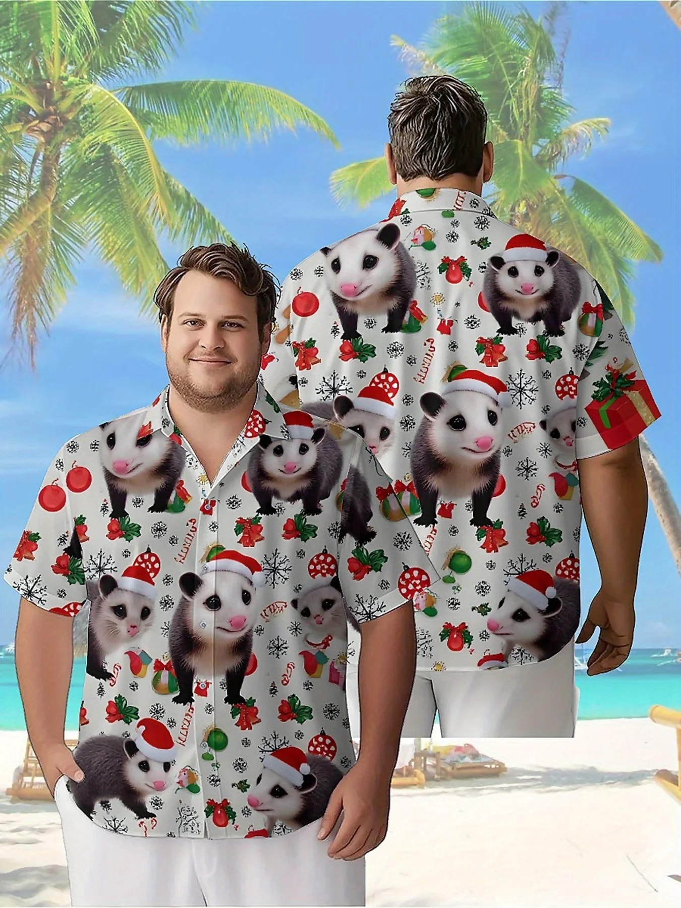 Men's Plus Size Hawaiian Shirts Christmas Themed Cute Possum Pattern, Summer Casual Tops, Outdoor and Party, Streetwear