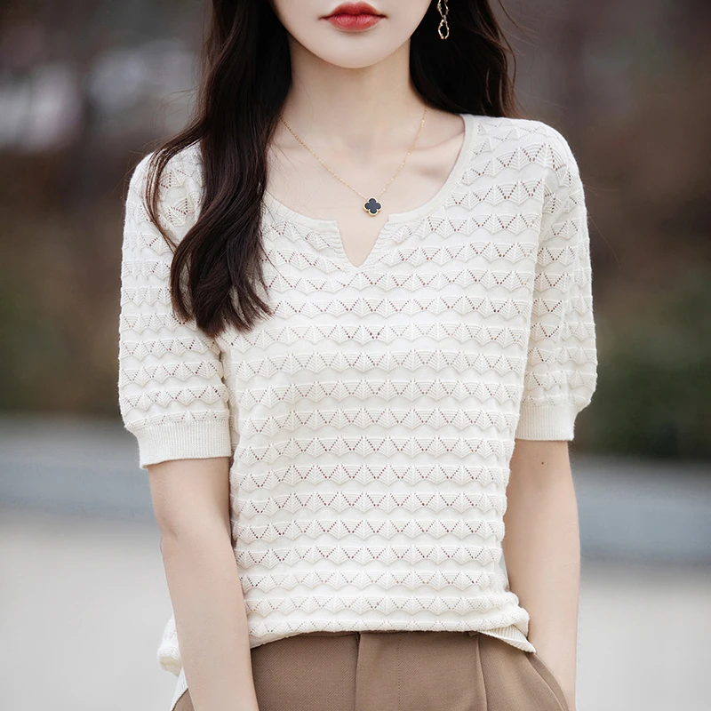 Image of 100% Reine Baumwolle Gestricktes Kurzarm-Damen-Sommer-Oberteil Neuer Stil Elegantes Ausgehöhltes Loses Modisches Einfarbiges T-Shirt Top