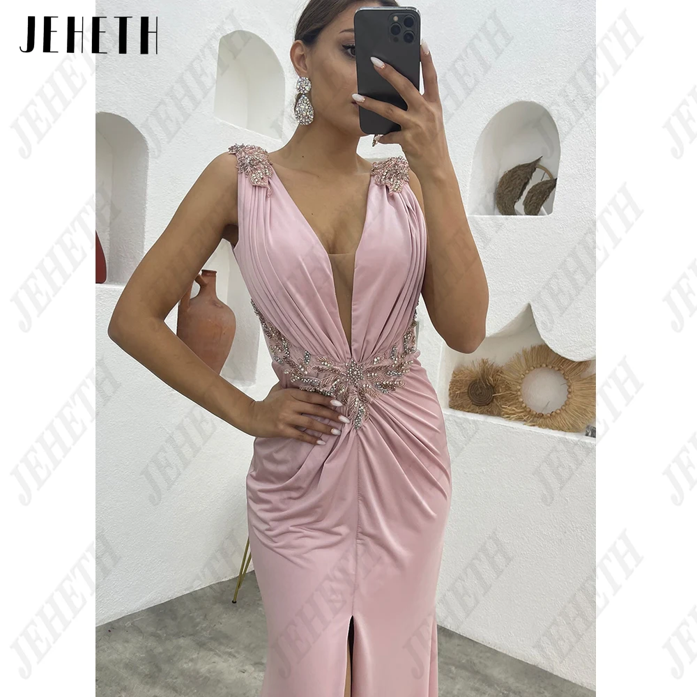 Vestido de noche moderno de la Sra. jeheth con cuello V sin mangasJEHETH-Vestidos De Noche modernos para mujer, cuello en V sin mangas, Vestido De graduación dividido frontal, Apliques De encaje Sexy, Vestido De sirena