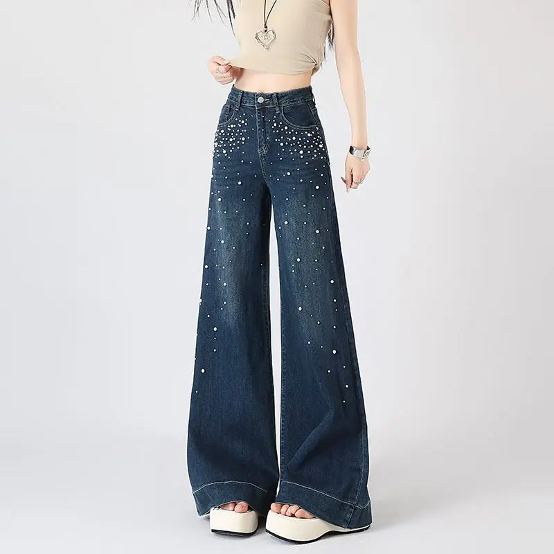 CHIC Summer Trendy Women Denim Jeans Luxury Pearls Rhinestones Lady Wide Leg Pants High Waist Designer Long Straight Trousers