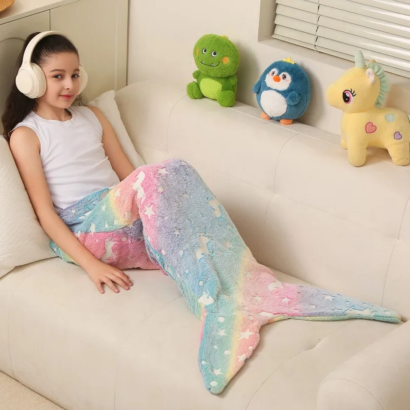 Cartoon Rainbow Beauty Fish Tail Sleeping Bag Cosplay Costume Mermaid Tail Luminous Blanket Soft Glowing Flannel Blanket
