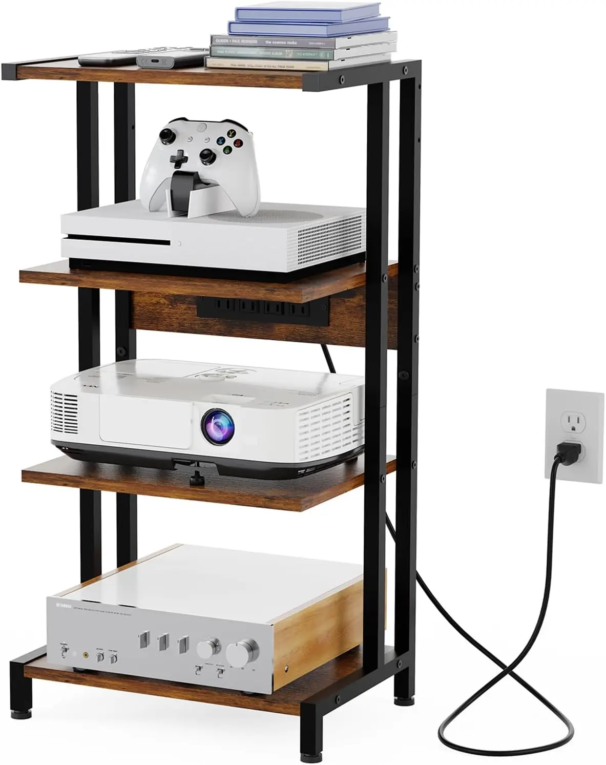 

Compact 4-Tier Wooden Corner Media Stand with Power Strips for AV Equipment, Game Consoles & Routers