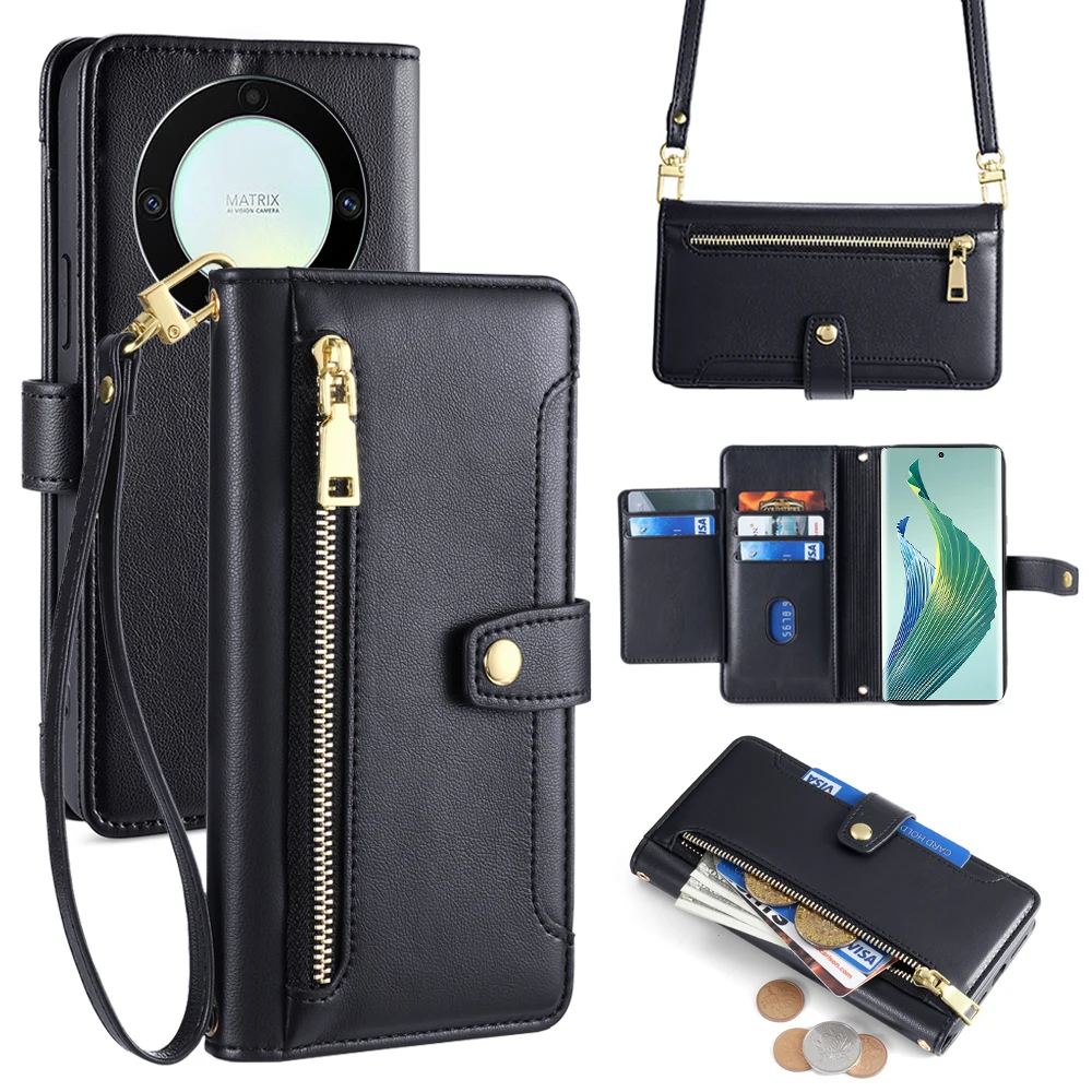 Ladies Card Slots Wallet Crossbody Case for for Honor Magic 5 Pro Magic 4 Lite 3 Phone Case with Long and short strap Flip Cover