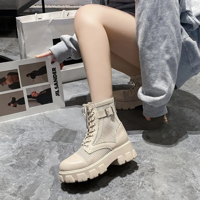 Fashion Women Summer Mesh Lace-up Short Ankle Boots Women\'s Breathable Hollow Boots Platform Shoes Zapatos De Mujer