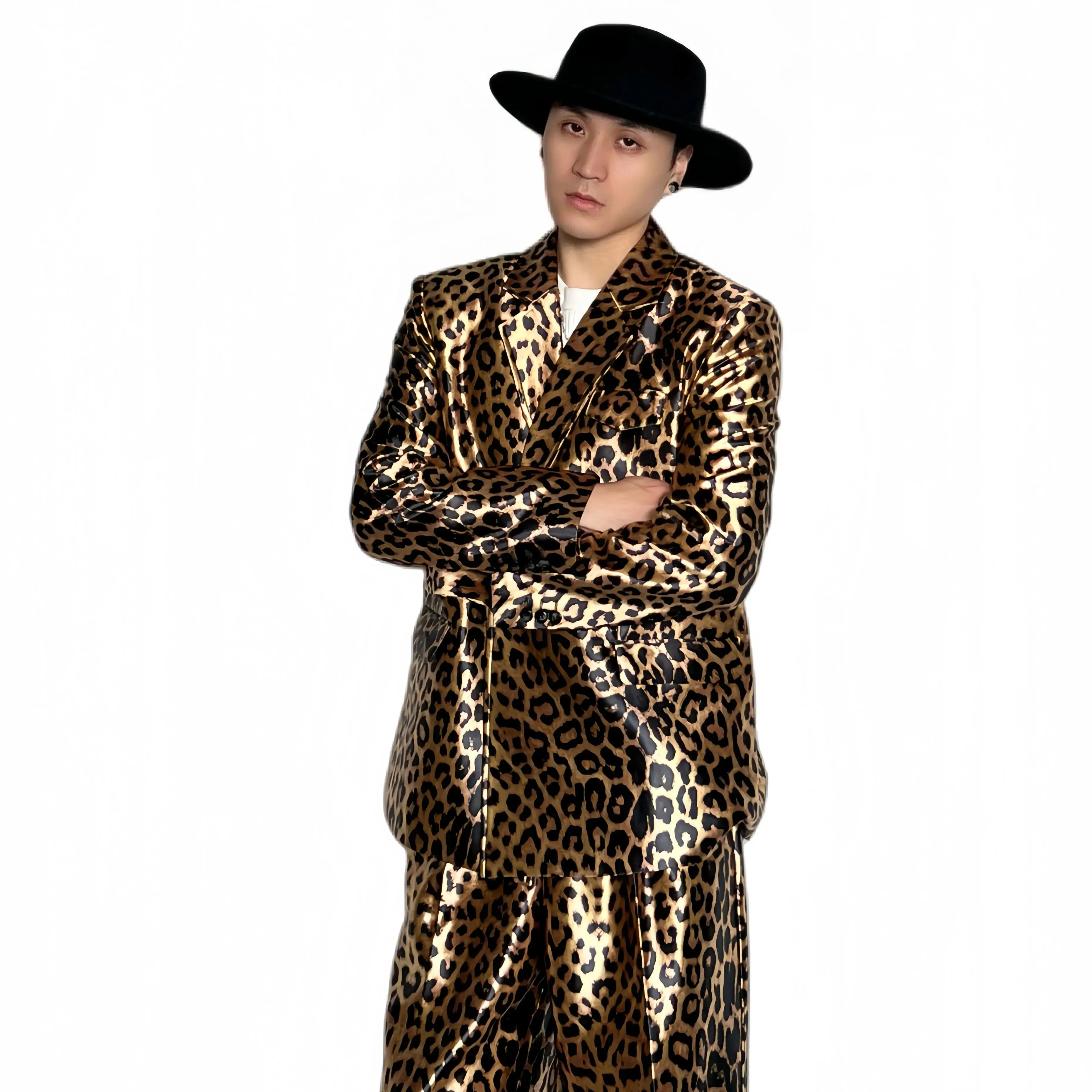 

High-quality satin texture leopards print suit set for menTwo-piece suit casual long pants