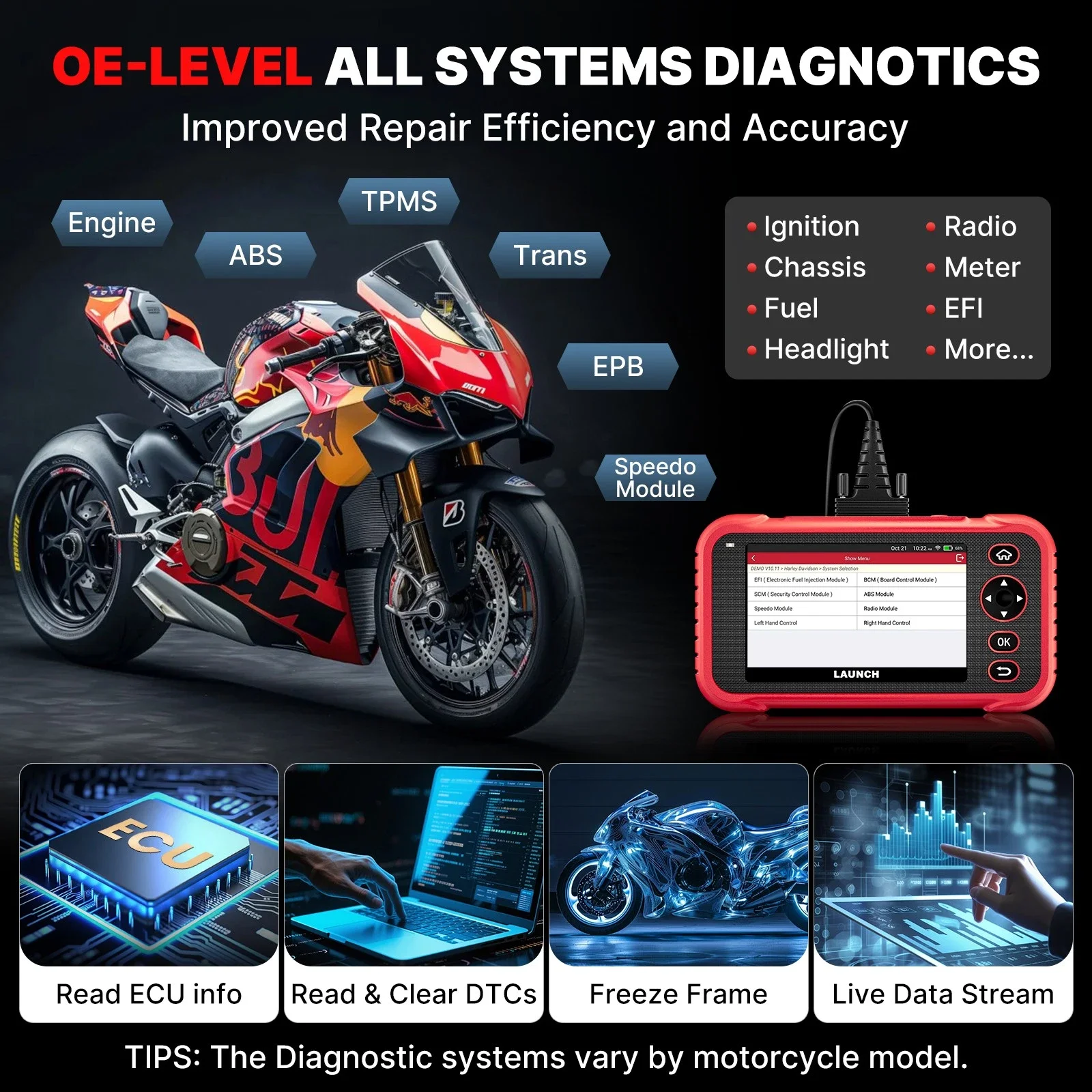 LAUNCH X431 CRP129 MT Motorcycle OBD Scanner Motorbike Diagnostic Scan Tool for YAMAHA KAWASAKI Harley BMW Polaris BRP Keller