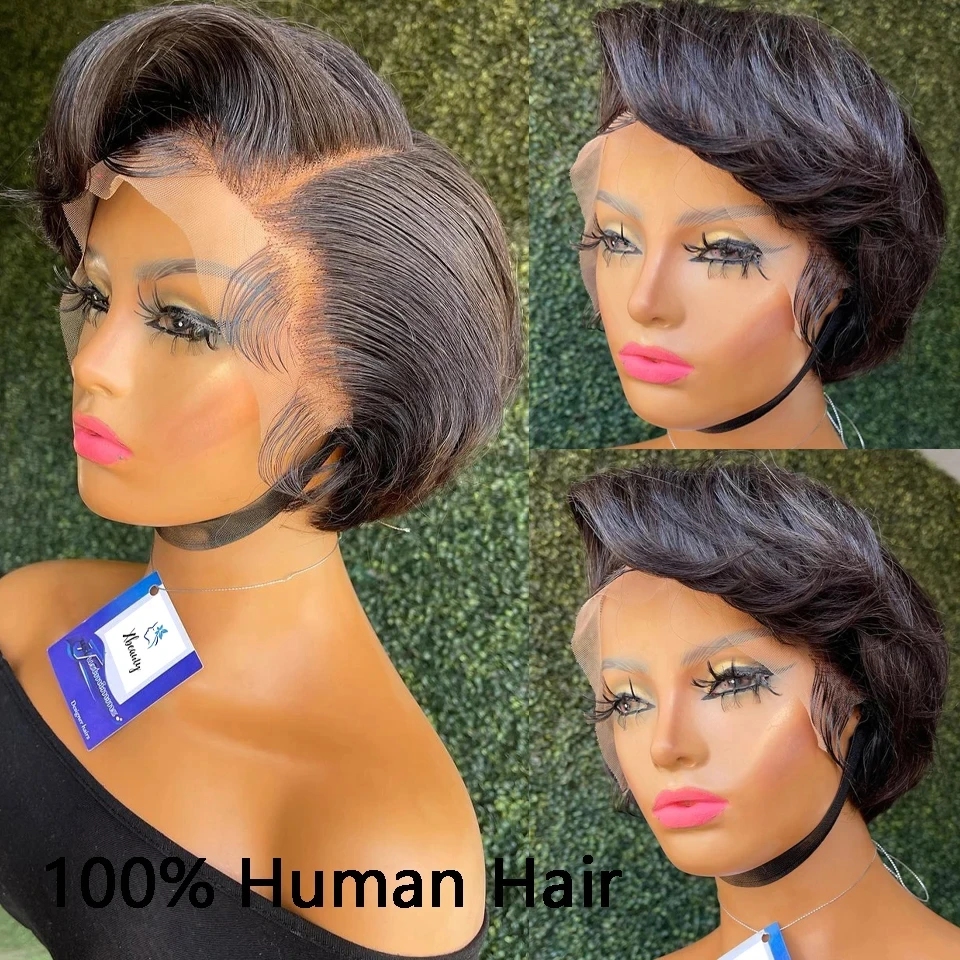 Pixie Cut Pruik 100% Menselijk Haar Kant Pruik Voor Zwarte Vrouwen Side-Part Korte Bob Pruik Transparant Kant Menselijk Haar Pruik Pre Geplukt