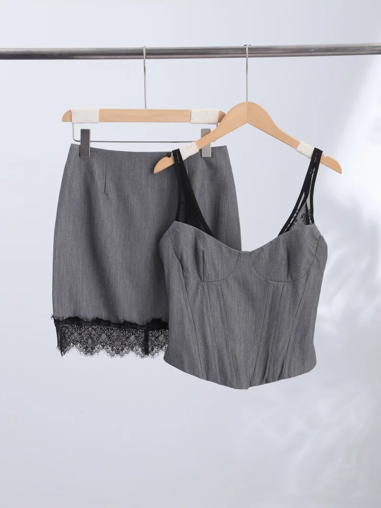 Schickes Sweetheart-Ausschnitt Bustier-Set mit Spitzenbesatz Schulterträger-Korsett-Top und Spitzenbesetzter Minirock für Damen Casual Alltags- und Partykleidung – Detail 5