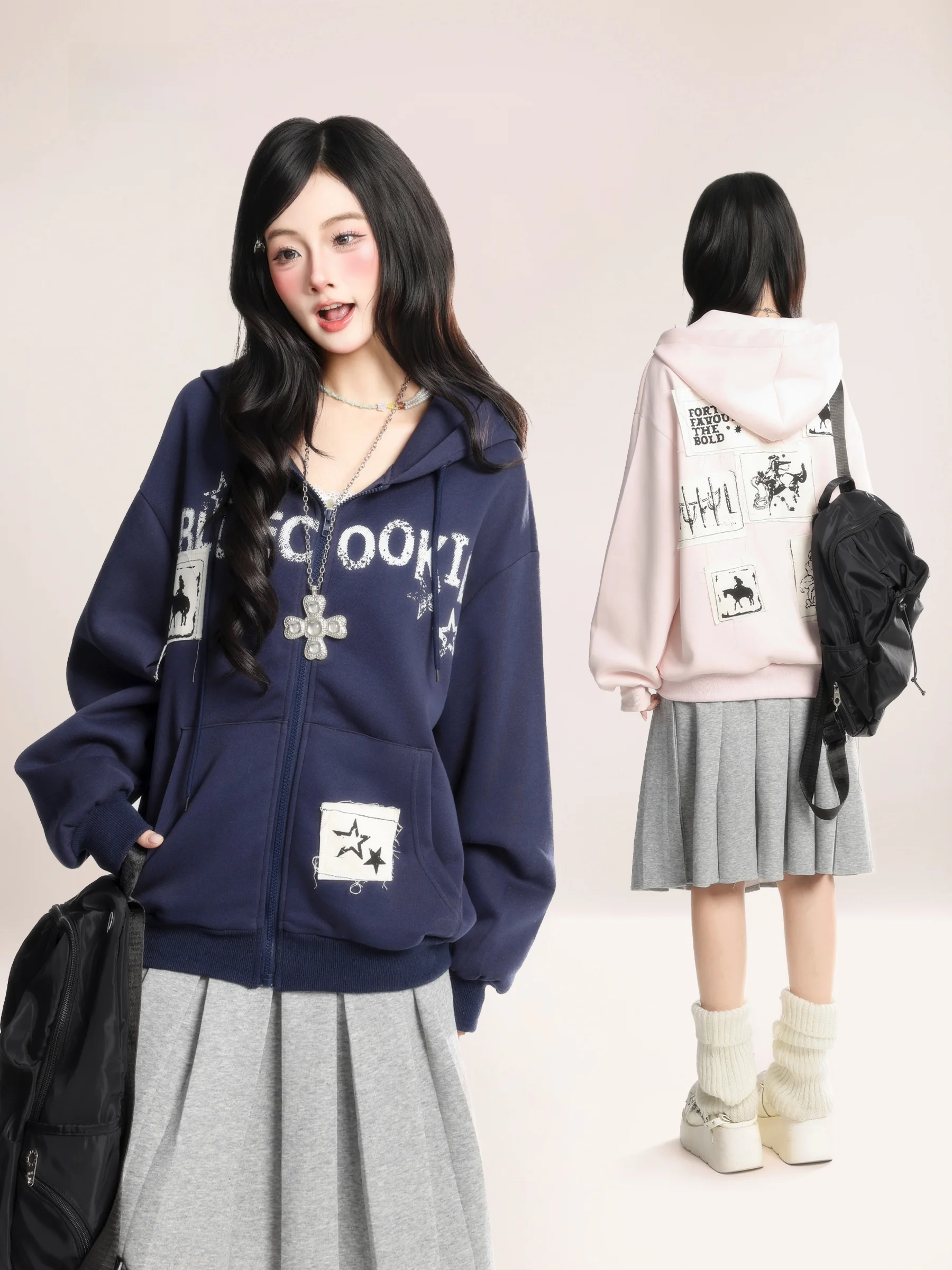 

HM American Retro Patchwork Embroidery Hooded Open Cardigan Sweatirt Women's Spring Loose Casual Zipper Jaet