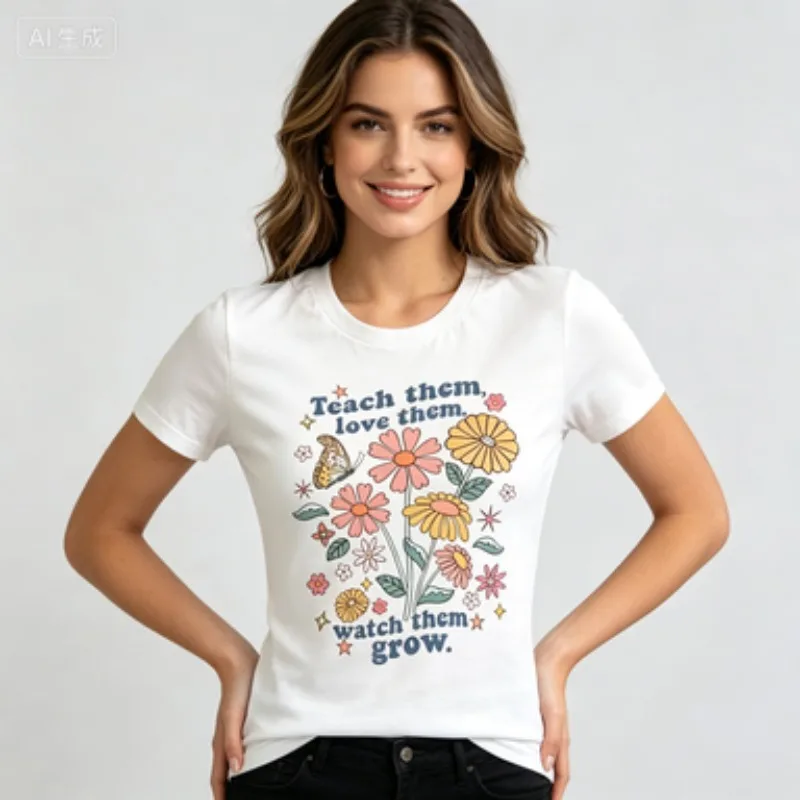 Women Modal Crew Neck T‑Shirt Teach Them Love Them Watch Them Grow Floral Butterfly Teacher Summer Tee