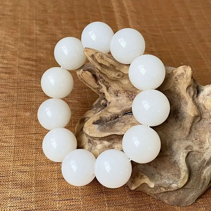 Hetian Mutton Fat Jade Bracelet, Round String, Single Bead 22Mm, Unisex, Full And Oily Texture
