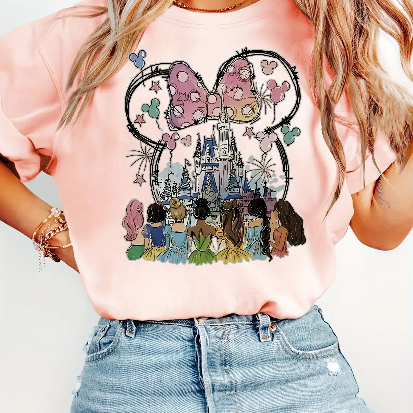 

Women'S Disney Short-Sleeve Elegant and Beautiful Princesses Printed Round Neck Summer T-Shirt Suitable for Spring, Summer