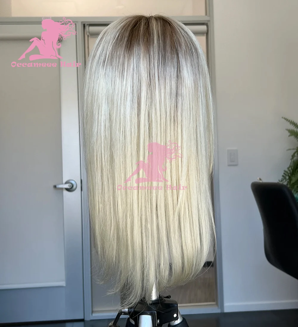 Peruca frontal de renda reta de Bob brasileiro para mulheres brancas, cabelo humano, pré-arrancado, laço transparente, marrom, loiro de cinzas