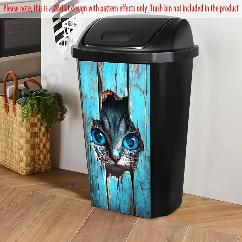 Cute Blue Cat Peeking Hole Stickers, Oval PVC Decals for Trash Can, Wall & Kitchen Decor, Mixed Color Cartoon Cat Art
