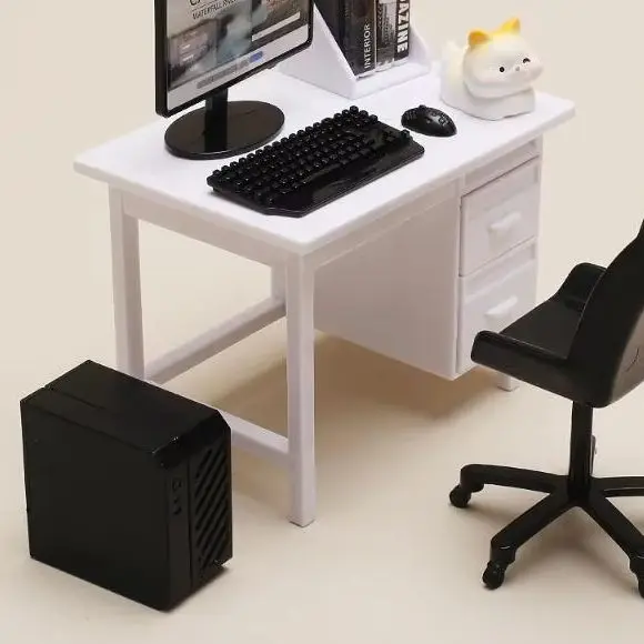 1 Set 1/12 Scale Dollhouse Miniature Furniture Kit With Computer Keyboard Desk Chair Miniature Scene Model Home Study Room Decor