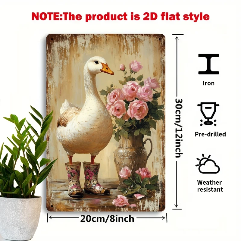 8x12 Inch Vintage Duck and Pink Roses Metal Tin Sign, Retro Wall Art Decor for Living Room, Bedroom or Patio