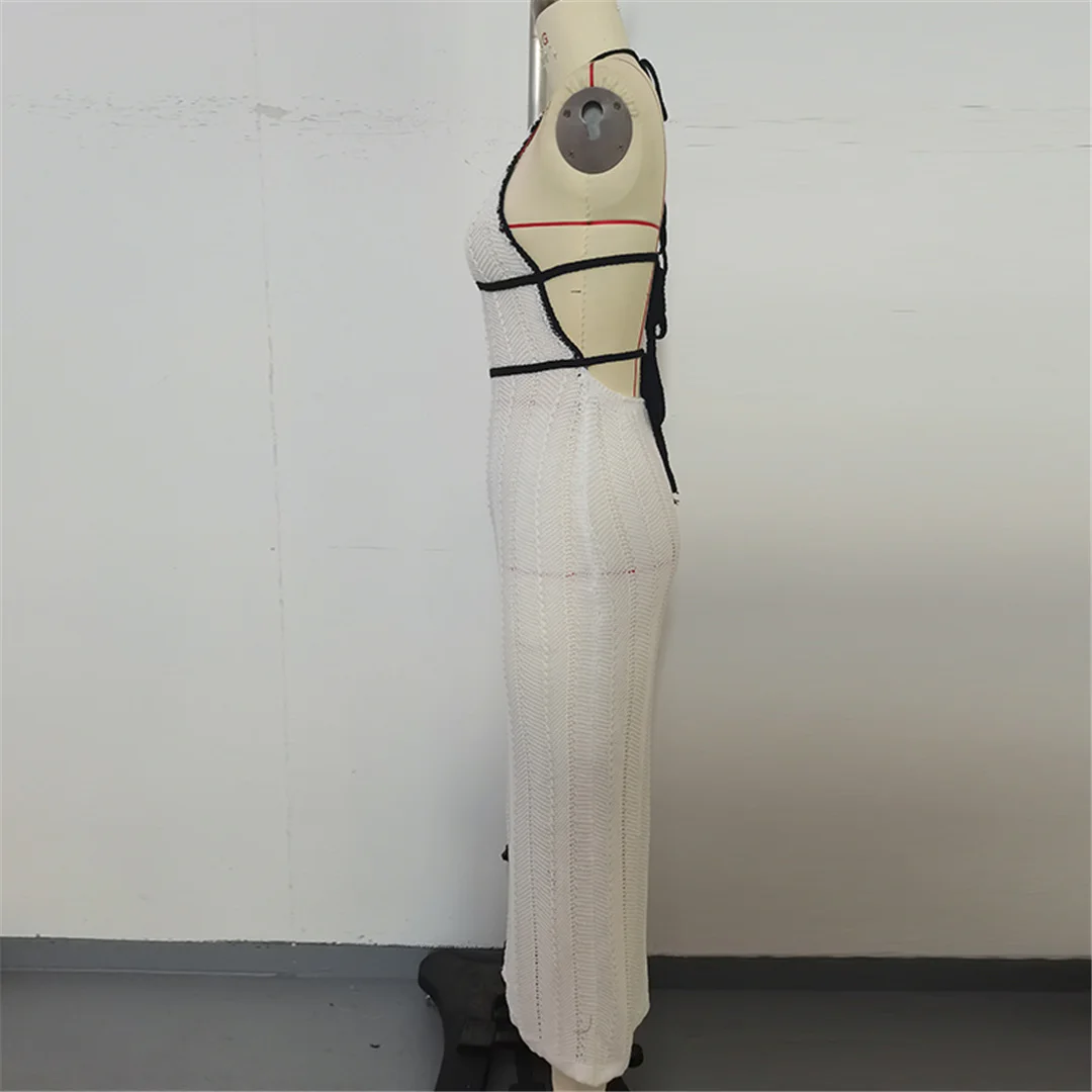 Tiefes V-Ausschnitt-Design, rückenfreies, gehäkeltes, gestricktes Tunika-Strandkleid, Strandmode, Damen-Strandkleid, Strandüberwurf, Damen V7219 – Detail 9