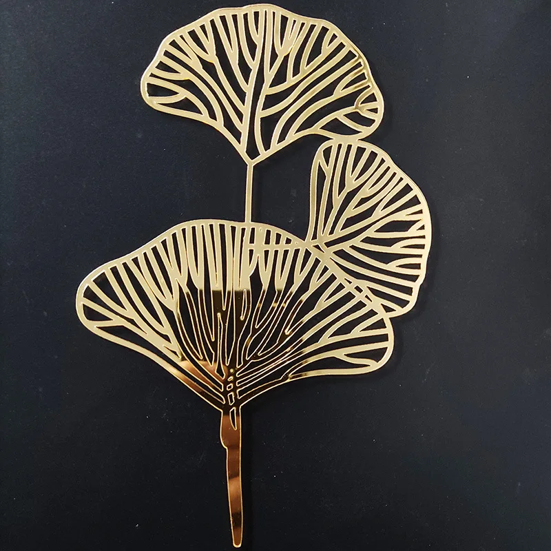 Ginkgo Leaves Birthday Cake Toppers Decoration Gold Acrylic Benediction Birthday Party Cake Topper for Wedding Baking Ornament