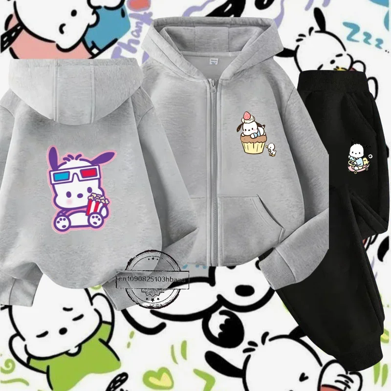 Pochacco Sanrio cartoon cartoon printed children's hoodie set Autumn and winter long sleeve zipper shirt boys and girls top