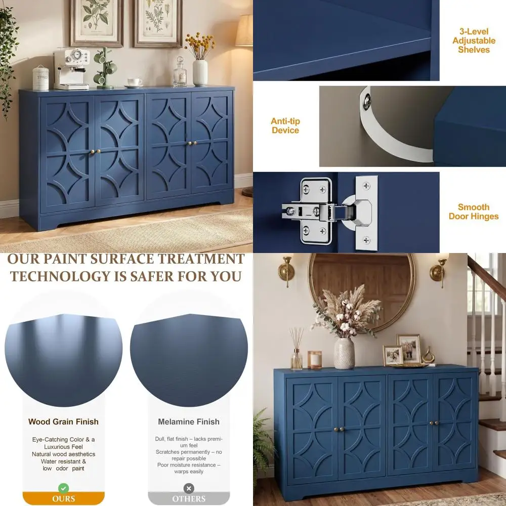 

Elegant 112 Sideboard Buffet Cabinet with 4 Carved Doors and Adjustable Shelves, Ideal for Coffee Bar or Dining Area in Blue