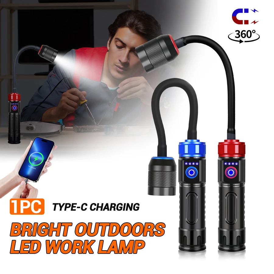 

Outdoor LED Work Light Flexible Gooseneck Flashlight with Strong Magnet Type-C Rechargeable Zoomable Torch for Camping BBQ Lamp