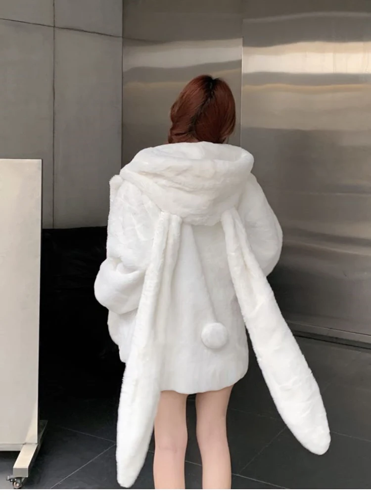 

Japanese Original Rabbit Ear Plush Coat College Style Autumn and Winter Plush Thickened Kawaii Cotton Coat Furry Hooded Top
