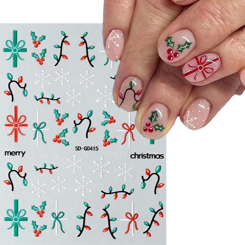 1 pz 5d gioia natale agrifoglio foglia fiocco di neve adesivo per unghie carino rosso verde fiocco di natale colore luce decalcomanie per unghie inverno capodanno unghie dicembre