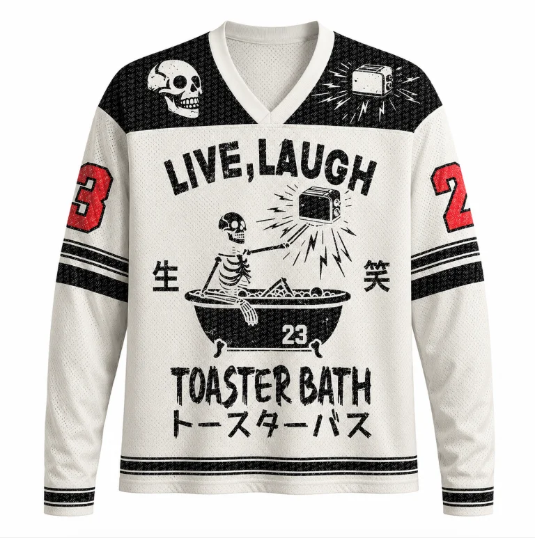 V-neck black and white contrasting long sleeved T-shirt 3D printed skull bathtub baked bread pattern retro punk street style top