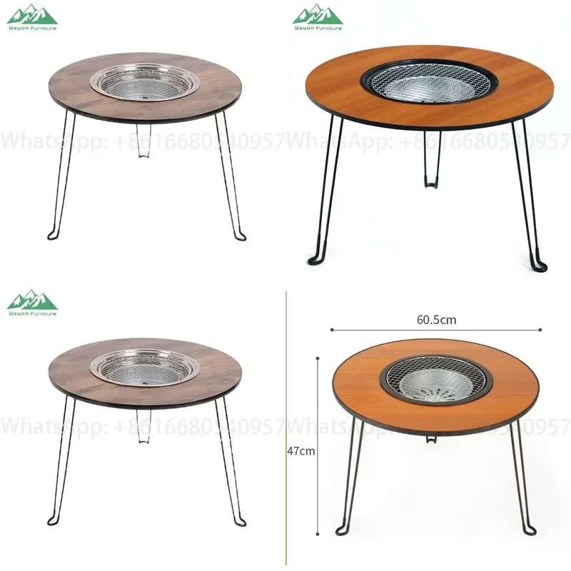 Wayon Portable Round BBQ Grill Table, Outdoor 2-in-1 Wood-Grain Charcoal Fire Pit and Coffee Table for Camping & Garden