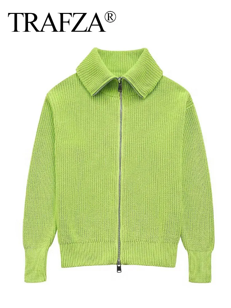 

TRAFZA Knitted Green Coat Top Street Wear Sweater Female Mujer TRAF Women Chic Summer Casual Turn Down Collar Zipper Cardigan