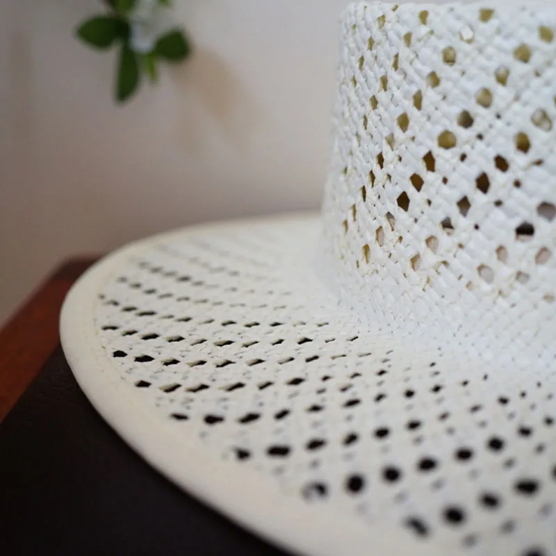 Handmade White Straw Hat Wide Brim Hollow Out Style Boater Hat  Min Wind Rop Summer Hat Women Beach Hat Party Holiday Travel Hat