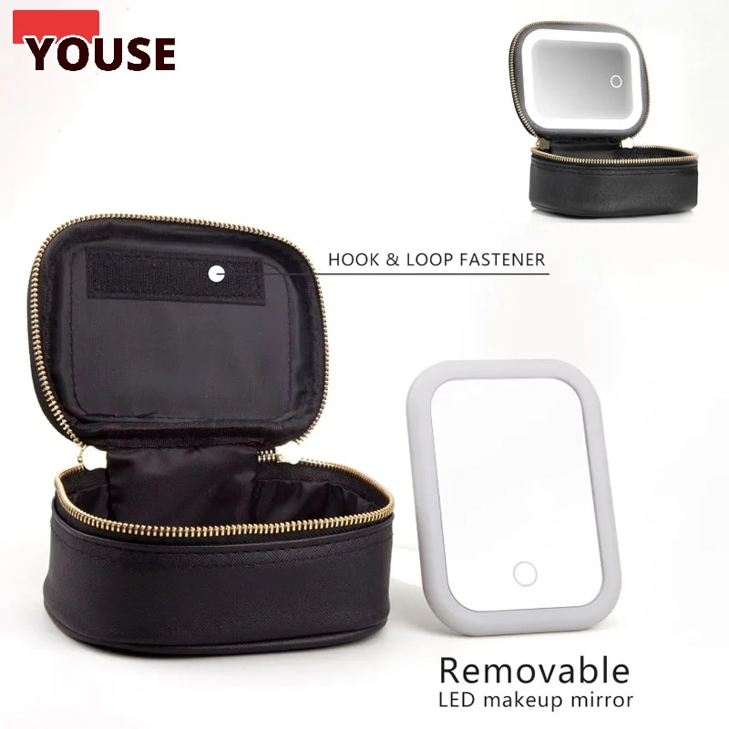 Portable Led Light Makeup Bag With Touch Control Mirror, Type-c Rechargeable Travel Cosmetic Organizer Case Lipstick Storage Bag