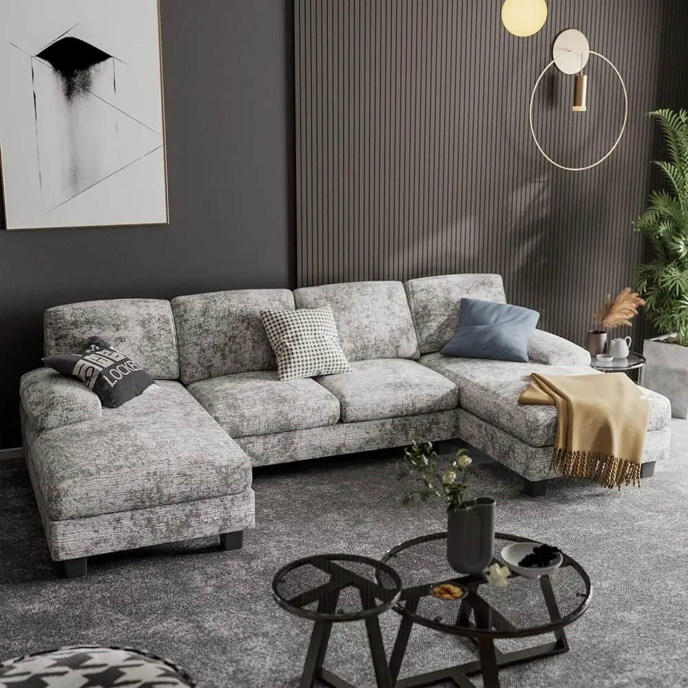 

Grey Fabric U-Shaped Sectional Sofa with Double Chaise and Memory Foam, Sleeper Option