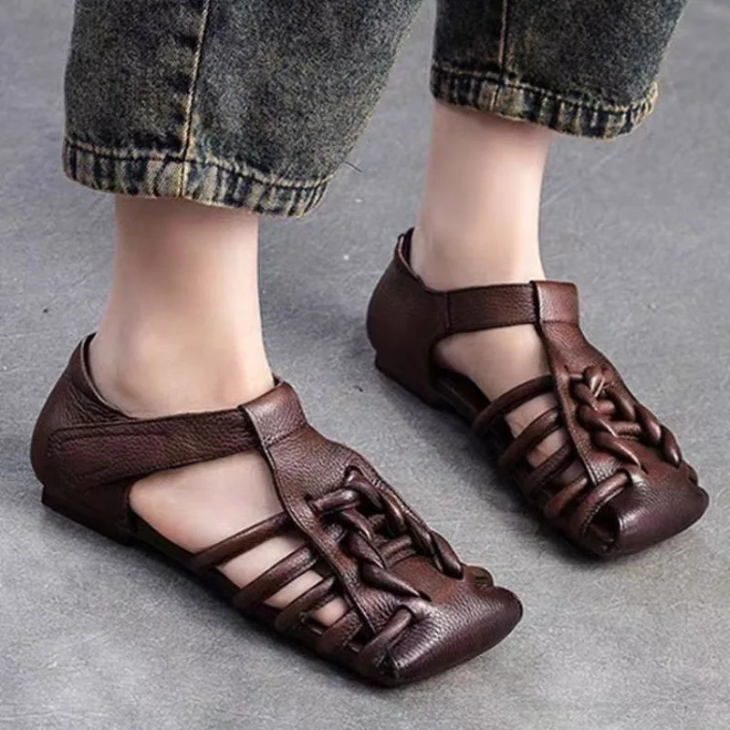 Echtes Leder Sandalen Frauen handgefertigt gewebt literarischen Stil hohle flache römische Sandalen Damen Sommerschuhe Alias