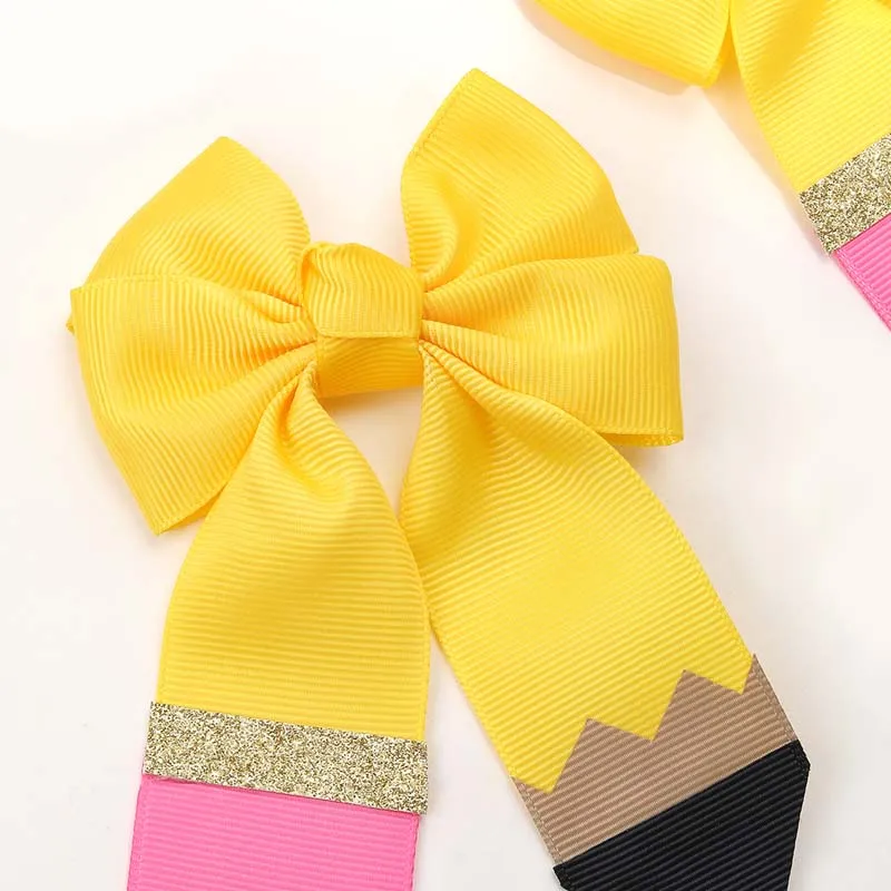 ncmama 2Pcs Back To School Yellow Pencil Shaped Ribbon Bow Hair Clip for Children Cute Glitter Hairpin Headwear Hair Accessories