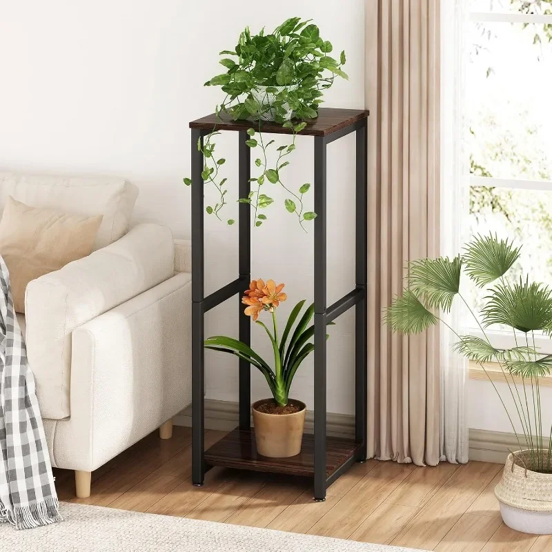 Interior 2-storey Metal Corner Storage Level Plant Shelving for Living Room Balcony Garden, Black Oak (2-storey - Black Oak)