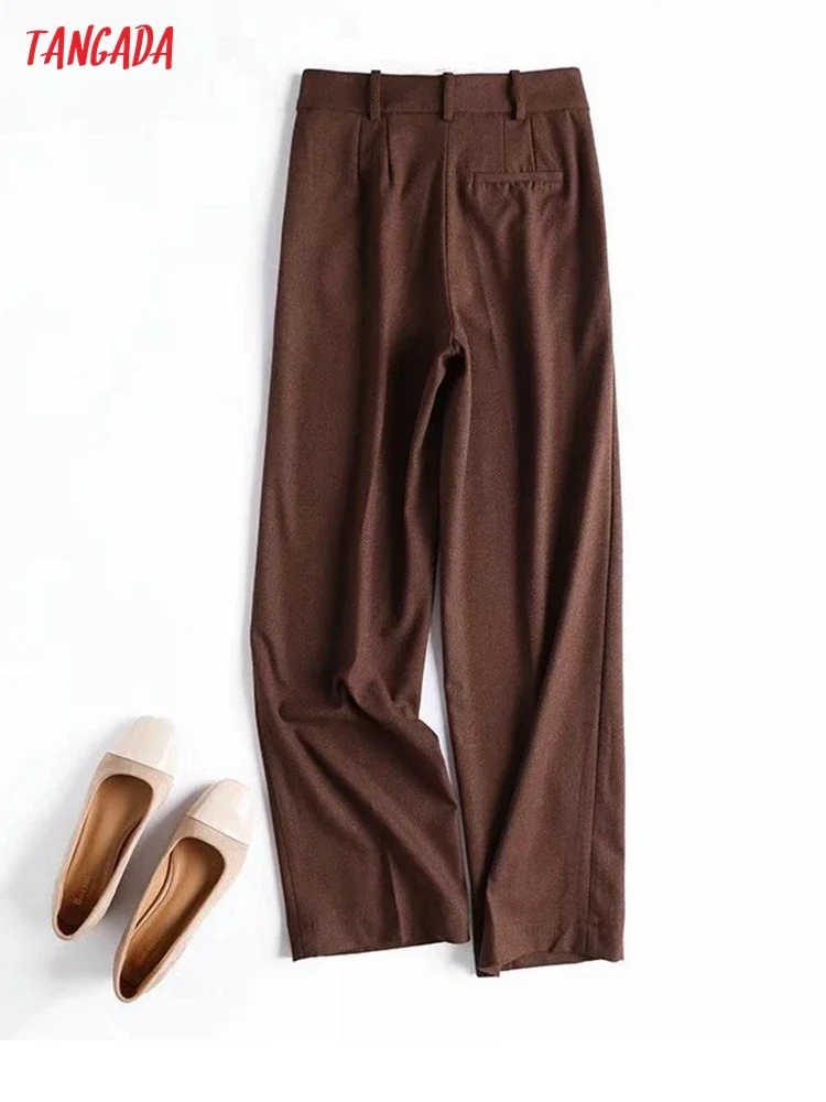 Tangada 2021 Autumn Winter Women High Quality Brown Suit Pants Trousers Pockets Office Lady Elegant Pants Pantalon 4C222