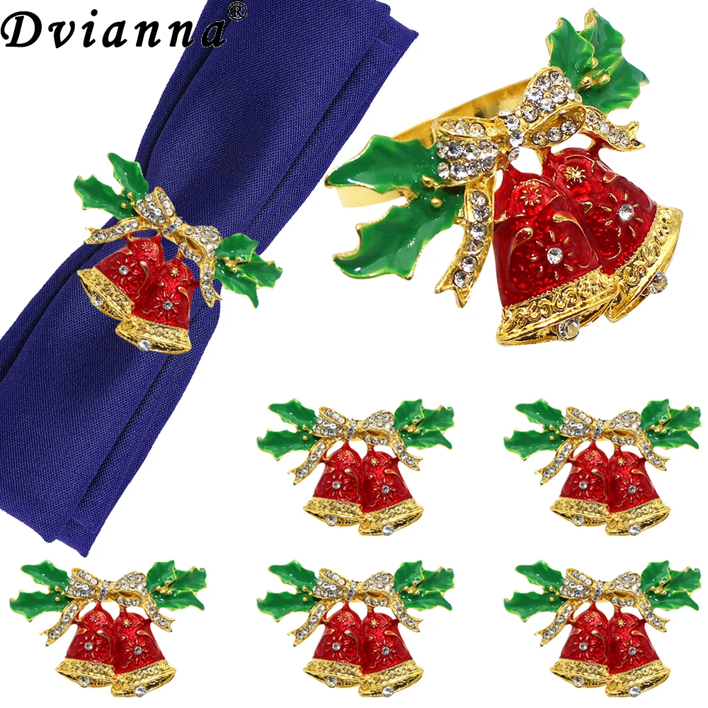 6Pcs Christmas Napkin Rings Rhinestone Jingle Bell Napkin Holder Metal Serviette Buckles for Christmas Wedding Party Table Decor